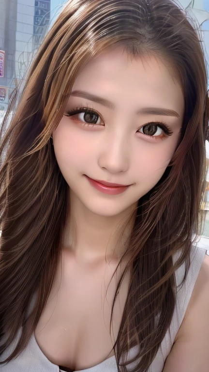 1 woman、((smile 1.6)) 、((Selfie 1.6))、curly hair、With Bangid Chest 1.6))、front、Close-up face、look at the camera(table top:1.3), High resolution, super detailed, Highly detailed CG Unity 8K wallpaper, realistic, Photoreal, Raw photo, beautiful and detailed face, pale skin, fine cloth texture, detailed hair texture, beautiful face, acura, anatomically correct, Highly detailed face and skin texture, natural neck length, (Fair skin:1.2), solo、black haired、japanese women, 18-year-old、detailed eye、cute realistic pictures((smile 1.6｠、in the apartment