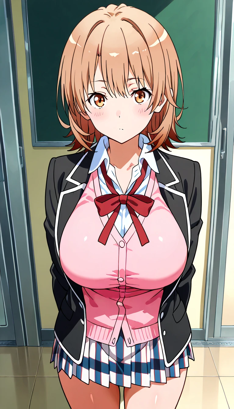 ((Highest quality, High resolution, Pixel perfect, 4K)), (Beautiful Anime Girls), Written boundary depth, Watch the audience, Perfect body, yuigahama yui, Brown eyes, Detailed eyes, Single hair bun, (Big Breasts:1.2), Focus on the chest, Red ribbon, White shirt, Black jacket, Check skirt, School classroom, Provocative face, blush, (Open your shirt:1.5), (Cleavage), From below