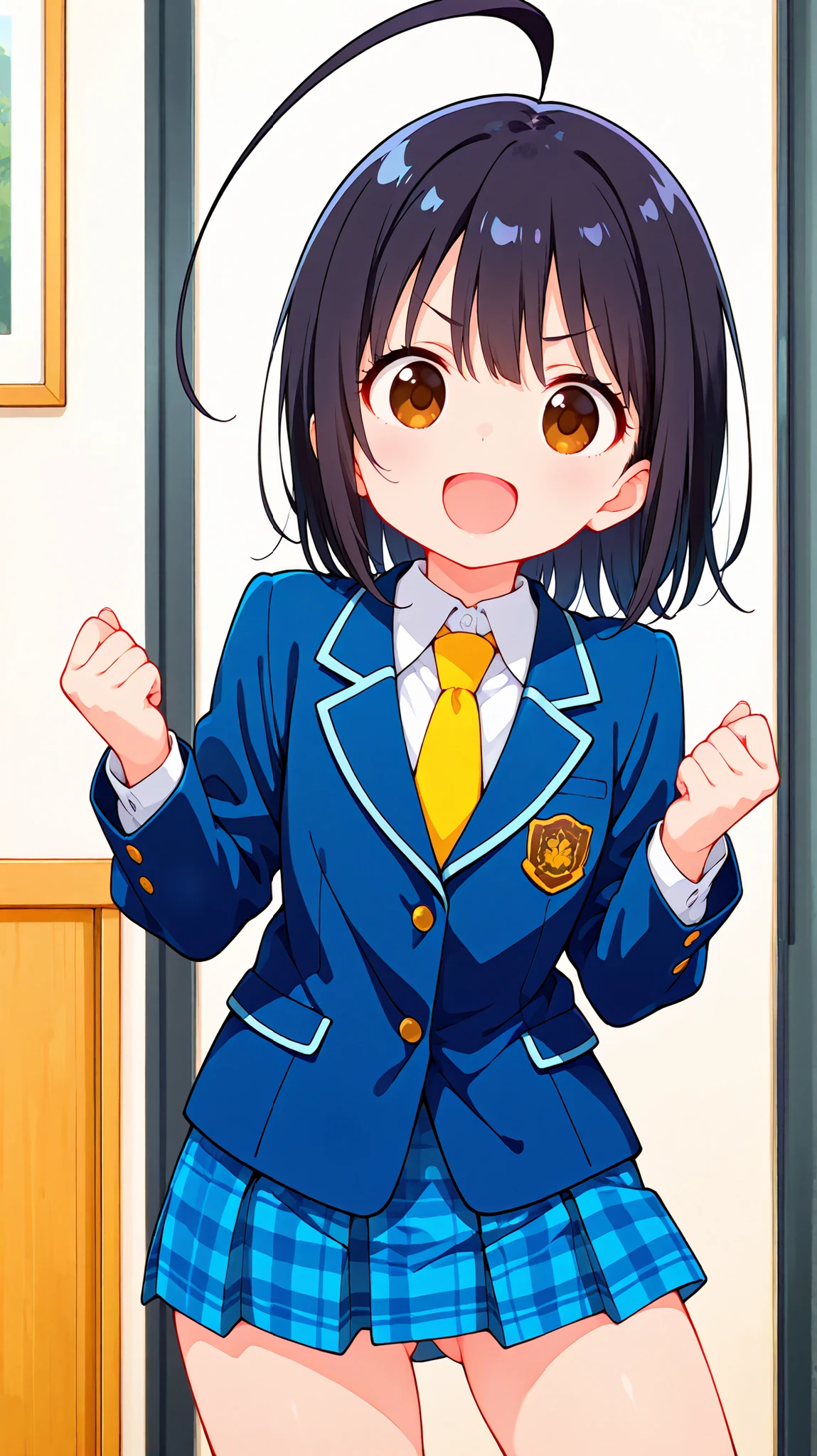,((anime style)),score_9, score_8_up, score_7_up,masterpiece, best quality,ultra detail,
(residential area),
negishi masako ,
1girl , ((solo)),
huge ahoge, short hair,black hair ,long bangs,brown eyes,round eyes,(Flat Chest),
school uniform,(((blue blazer))),light blue checkered Pleated mini skirt,((((((mini skirt)))))), Yellow necktie,
((cute face)),(((focus on face))),((open mouth smile)),v-shaped eyebrows,leaning forward,
((ass visible through thighs)),((A glimpse of her thin thighs)) ,clenched hands,bent arms,
(((contrapposto))),