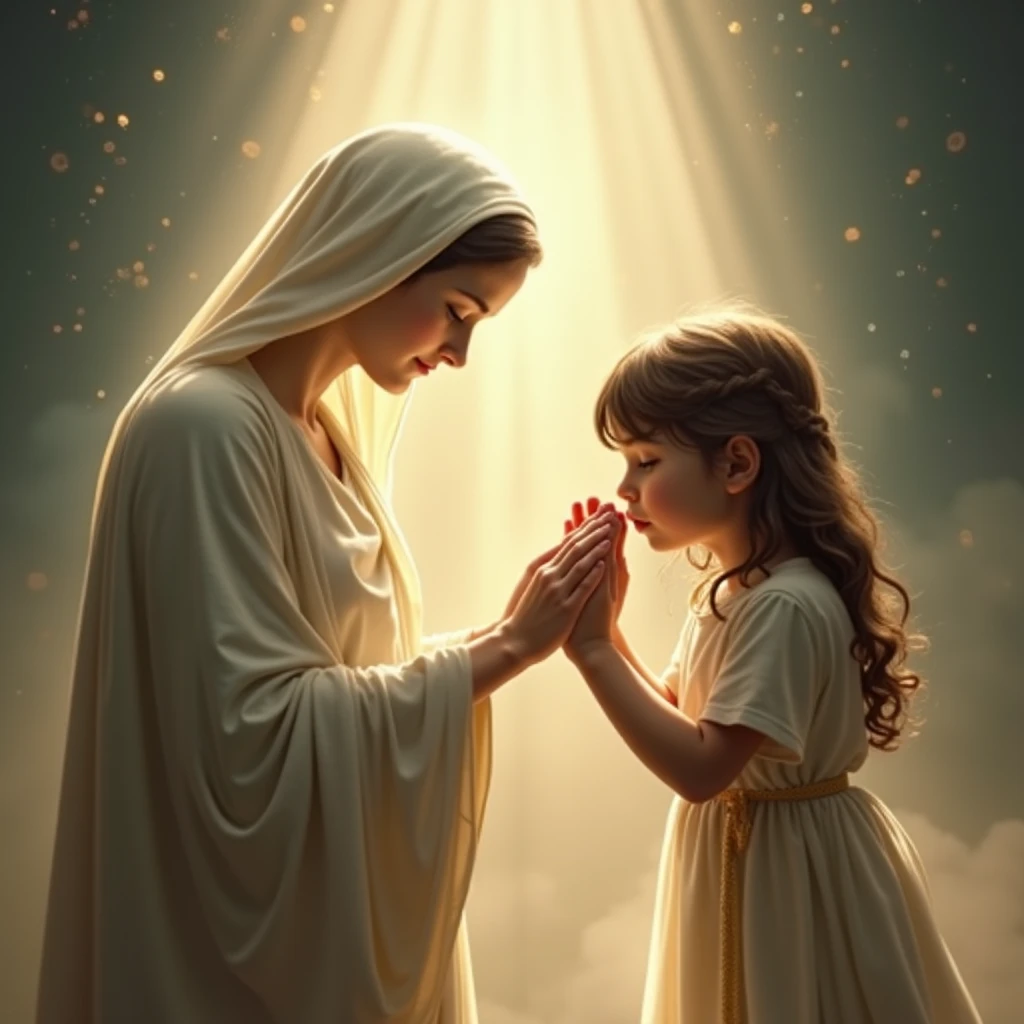 Mother Mary teaching 12 year girl to pray