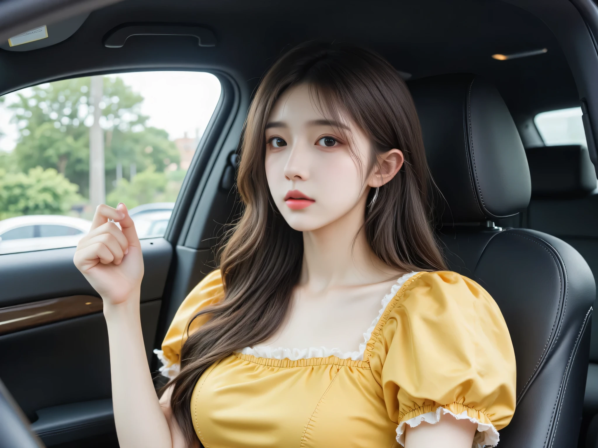 beautiful girl, Very beautiful, เด็กสาวOne person, Sigh, sitting upright, Kulstree , , bend your face down, Do a coughing fit, Left hand raised, fist raised, straight mouth, , closes its eyes,, student, One person, หน้าIt's shiny.,pretty as fairies, messy hair , The car is running at high speed, The car is cornering, girl, brown hair, long hair, Long wavy hair, Little hair curl, ผิวVery white, Very white, beautiful, Vintage Historic Gowns costume, Mademoiselle Rose, british costume, Wearing a Yellow Dress, images, very detailed, high quality walkers, แสงเงาimages, It's shiny., Japanese style,, japanese, white,flux realistic, full body image, ภาพimages, ตัวละคนผิวimages, thin, images, seated on the left back seat, 4Luxury car interior, car interior camera, Masterpiece,movies,8K resolution, clear details, front view, โฟกัสหน้าbeautiful girl