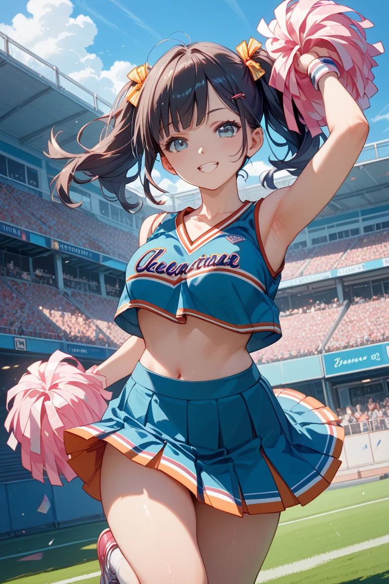 masterpiece, top-quality, Detailed details, Detailed landscapes, beatiful lights, one girls,26 year old,smirking,Glistening sweat,raise her legs high,detailed skin textures,((cheerleaders))、stadio、(blue-sky)、llight rays、(a miniskirt),((No Underwear)),High contrast,(super low angle),(NSFW)