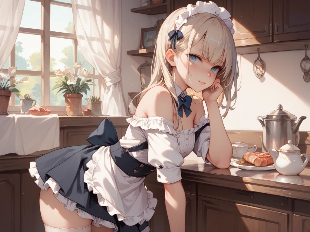 highest quality、masterpiece、((1 girl:1.5))、((smile:1.3))、(blush:1.4)、Black Shirt、blouse、((fun!!))、(Small breasts)、()、Blonde、(Long sleeve)、((White apron:1.5))、((Maid))、((hair ornaments)),、Kamimei、look at me、 ((in house:1.5))、 Taking a break from watching the audience、Cowboy Shot、((Shaved:1.5))、(Roll-up skirt:1.3)、(Fully exposed and highly detailed labia:1.5)、((Skirt lift:1.5)),()、()、、(スカート that rolls up:1.3)、()、Light blue eyes、long hair、Glowing Eyes