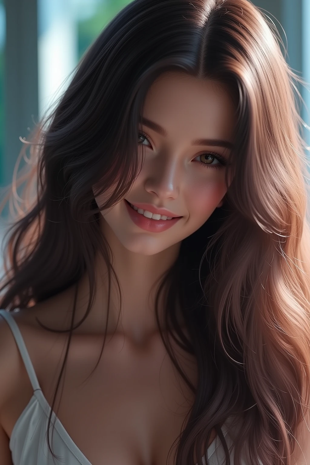 1girl, idol, model, depth of field, photo, film, face, skinny, smile, collarbone, teeth, movie, camisole, selfie, night,