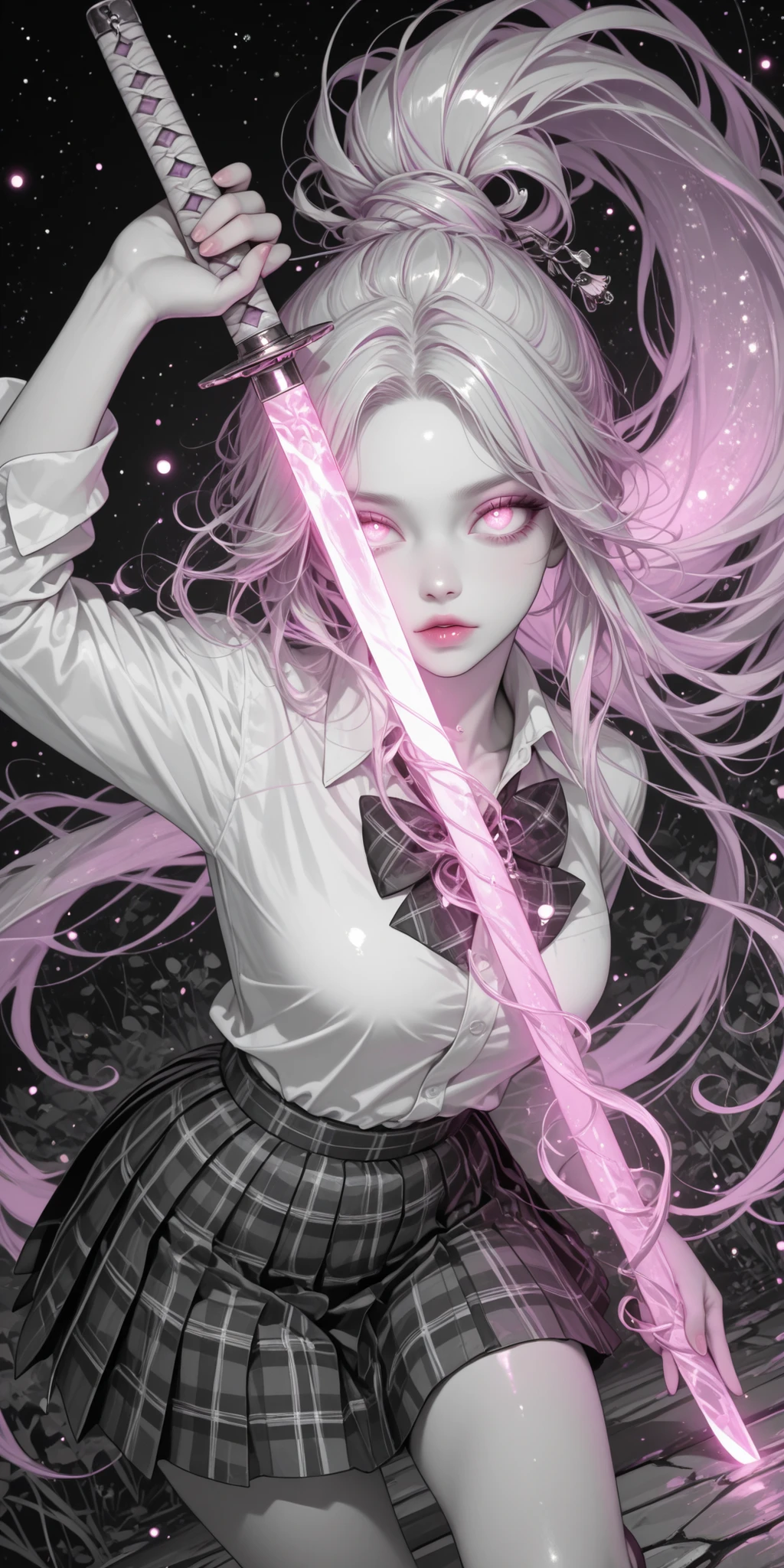 Girl, extra long hair, tied hair, lilac color hair, glossy hair, white shirt, school shirt, pleated skirt, plaid skirt, glossy skirt, holding katana, dynamic pose, dynamic angle, dynamic composition, grayscale, vibrant color, glowing eyes, glowing hair, glowing sword, shimmering hair, vibrant nude pink lips, next level intricate and ornate, hyper detailed, more texture, detailed eyes, brilliance shine, fireflies, face close up