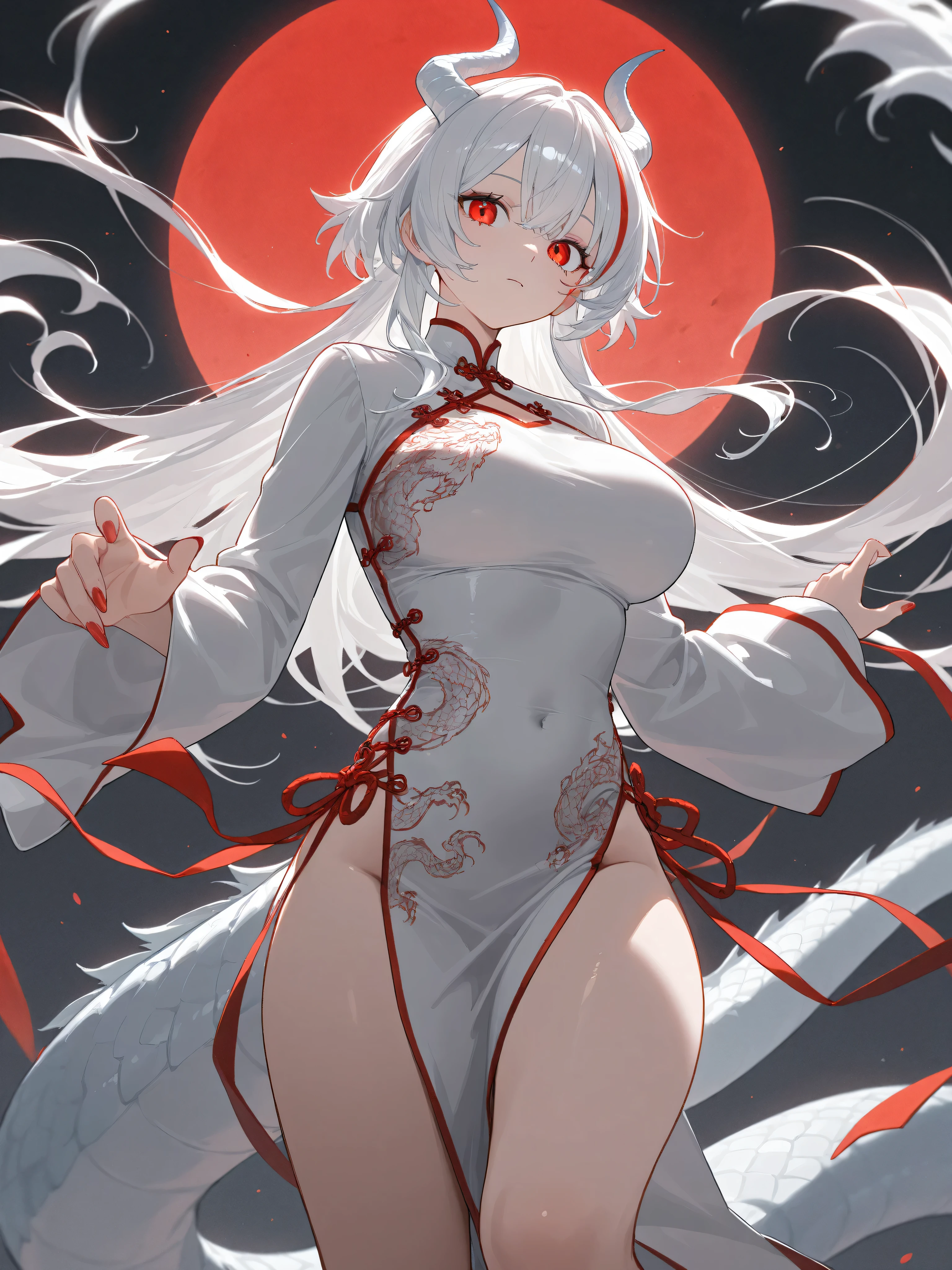 1girl,short White Hair,Red Highlight,Brown right eye,White Left eye,white Dragon horns,white Dragon tail,Large breasts,Chinese Qipao,Night,looking towards the moon