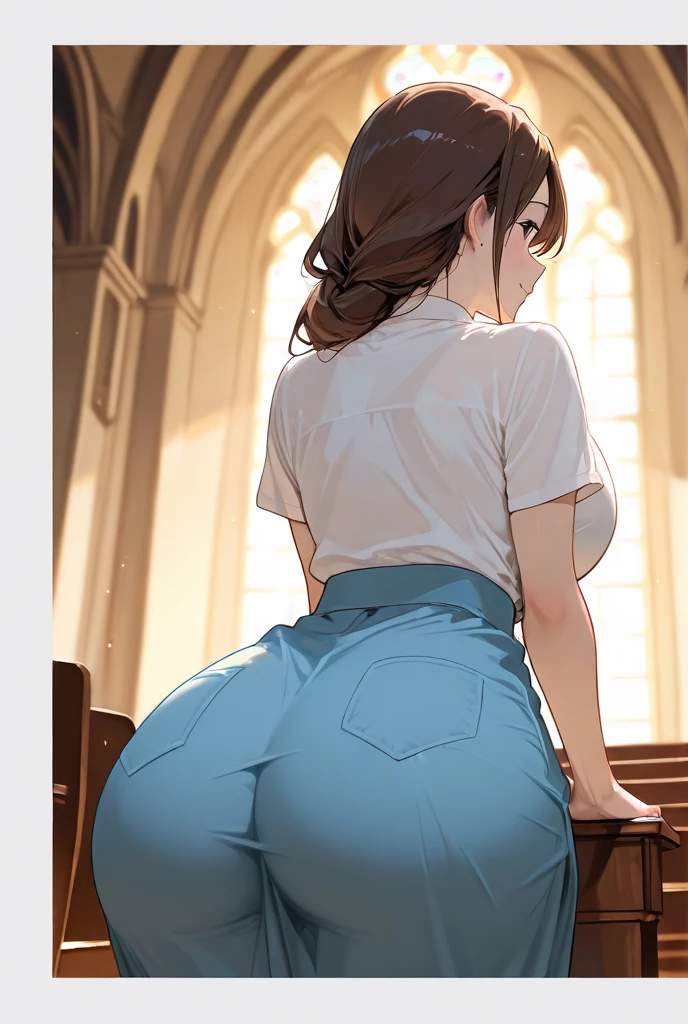 High resolution, high quality, 1 girl, anime girl, brown long hair, brown eyes,heart-shaped pupil, Green glasses,closed one eye,clenched teeth, tanned skin, big breasts,beautiful breasts, (big ass),beautiful butt,nun,Are standing,at church,