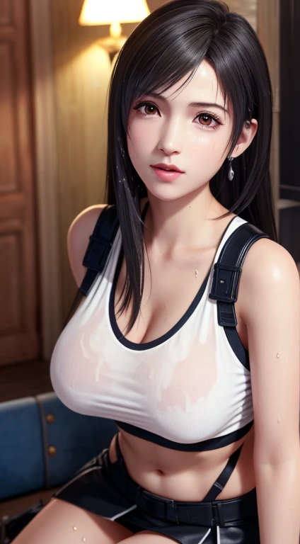 exposing your navel，Anime girls，Black hair，High ponytail，Blushlush，is shy，Sweat soaks clothes，Clothes translucent，The carcass looms，track suit，Expose the lower half of the breast，Poor milk，A breath comes out of the mouth，Black pupils，quadratic element，Animate，tear-mole