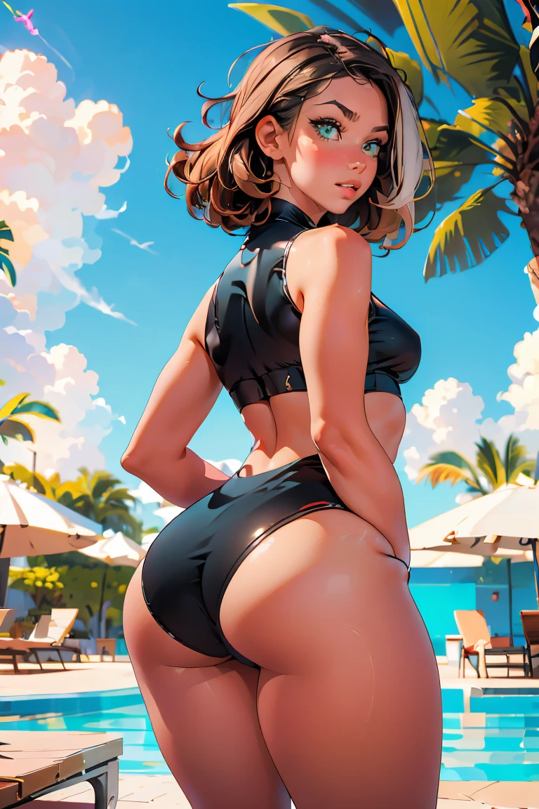 (Extremely detailed wallpaper of CG 8k unit), (masterpiece), (best quality), (ultra detailed), (best illustration), (high resolution), (best shadow), (sharp eyeliner), eye shadow, (detailed eyes: 1.2), (micro bikini: 1), 1girl, short hair, (beach background), sexy body, view from behind, short hair, beach, squat, ass, open legs, rubbing against a pole, rubbing it against a pole, Poledance, pose, Sakura Naruto