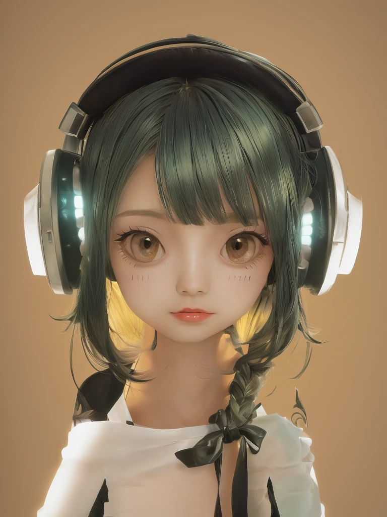 Russian child girl long dark hair straight, put on headset and change to a cyberpunk yellow but do not change the face, gray background. --auto --s2