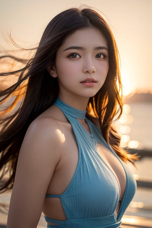 super high quality, 8k, RAW photo, realistic, beautiful woman's beautiful back, sparkling hair blowing in the wind, large breasts visible from the side, sharp eyes, and an artistic and fantastical beautiful background, professional flare lighting