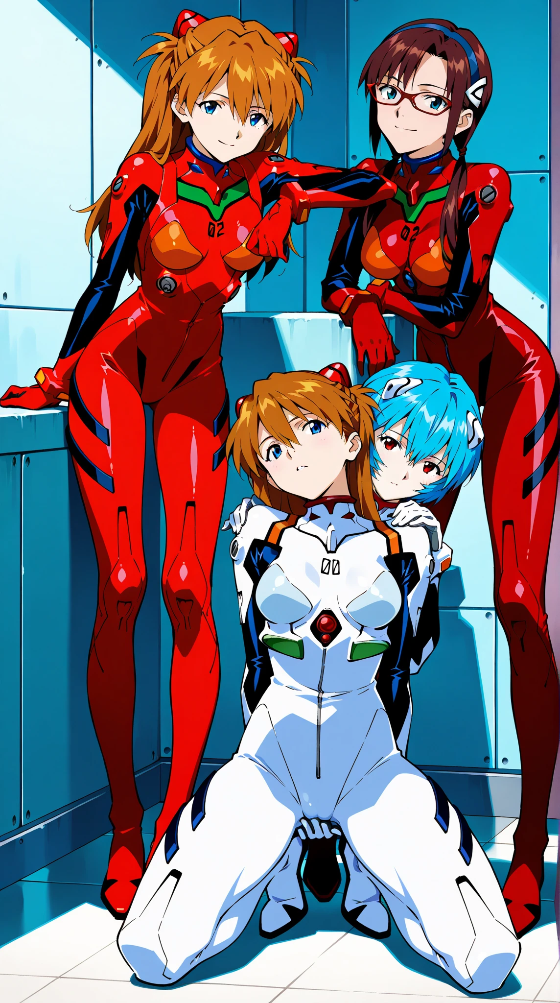 score_9, score_8_up, score_7_up, score_6_up, score_5_up, score_4_up, (source_anime), 2girls, neon genesis evangellion, ((asuka langley soryu, small breasts, {licking pussy})), (( rei ayanami, small breasts, big ass)), yuri, Technological place, oral, far, full body