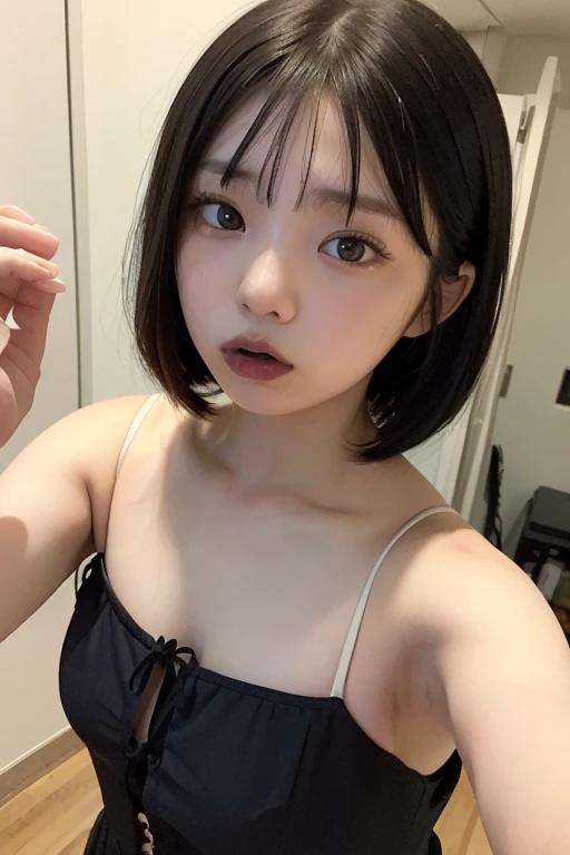 masterpiece, hinata\(boruto\), 1girl, mature women, (((light blue cotton lace ribbon nightgown))), (((selfie))), (((Close-up photo))), (((cleavage))), (((Closed Clothing))), (((big breasts))), (((big round breasts))), (((round breasts))), (((extremely heavy breasts))), (((Colossal tits))), (((heavy breasts))), (((plump breasts))), (((perfect breasts))), (shy face), detailed lips, beautiful face, blush, (pink lips), (((long hair))), white eyes, gentle gaze, smile, super realistic, detailed, realistic face and body, realistic hair, realistic eyes, realistic nose, realistic lips, seductive pose, (((straight bangs))), (dark blue hair), 28 year old girl
