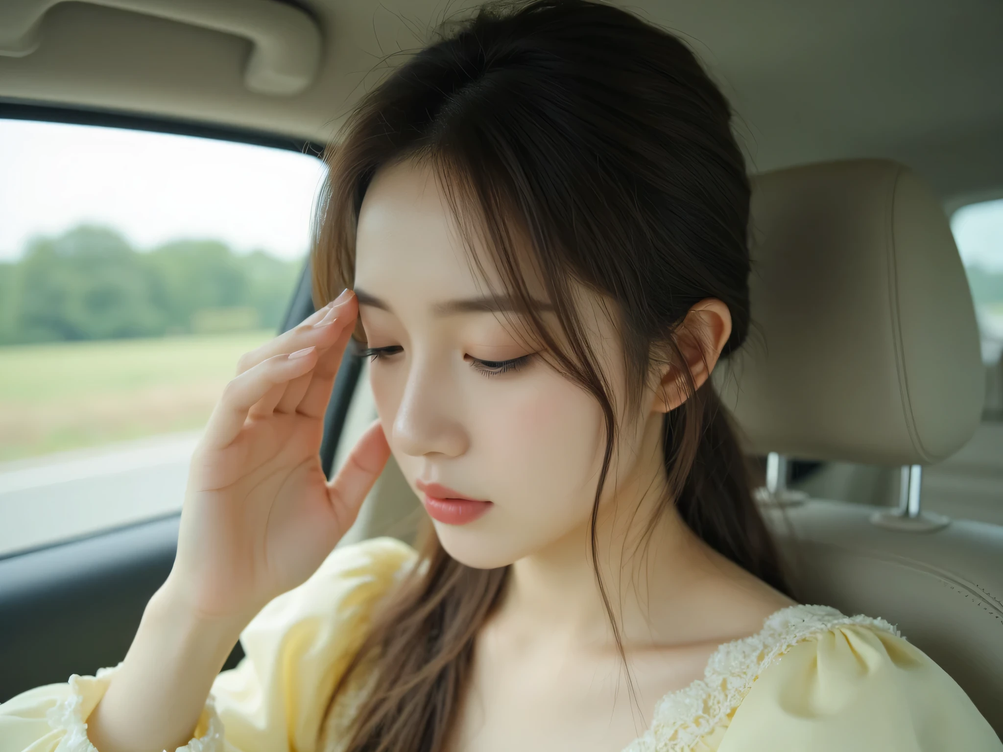 beautiful girl, Very beautiful, เด็กสาวOne person, white, very young face, Sigh, looking to the right , BORED GESTURES, Left hand raised forehead, , closes its eyes,, student, One person, หน้าIt's shiny.,pretty as fairies, messy hair , The car is running at high speed, The car is cornering, girl, brown hair, long hair, Long wavy hair, Little hair curl, ผิวVery white, Very white, beautiful, Vintage Historic Gowns costume, Mademoiselle Rose, british costume, Wearing a Yellow Dress, images, very detailed, high quality walkers, แสงเงาimages, It's shiny., Japanese style,, japanese, white,flux realistic, full body image, ภาพimages, ตัวละคนผิวimages, thin, images, seated on the left back seat, 4Luxury car interior, car interior camera, Masterpiece,movies,8K resolution, clear details, front view, โฟกัสหน้าbeautiful girl
