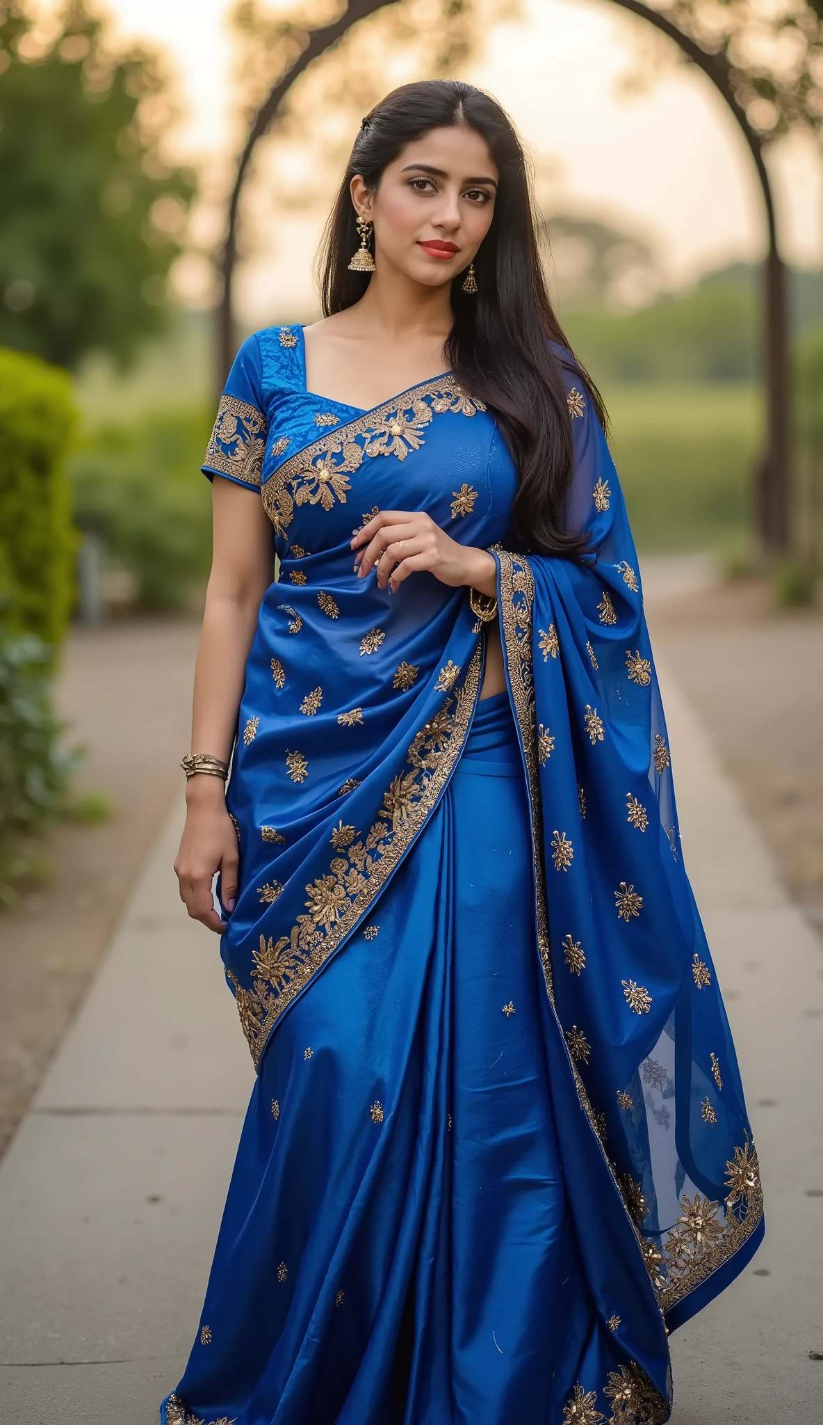 Female outdoor wearing dressed in traditional Indian attire. The outfit consists of a blue blouse with golden patterns and a matching blue skirt with