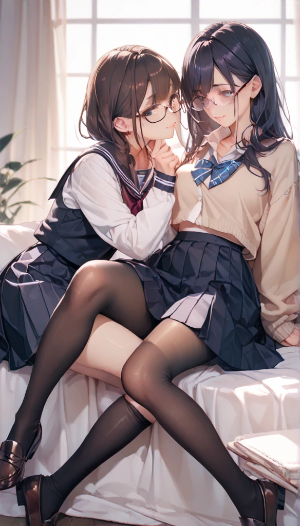 masterpiece, best quality, (two girl are having sex:1.5), home, on bed, kiss, high school student, short height, medium length hair, (ahoge:1.0), (brown hair:1.2), brown eyes, hairs between eyes, collared shirt, blazer, pleated skirt, , bow, black thighhighs, (saliva:1.4), (pussy juice:1.5), (sweat:1.2),