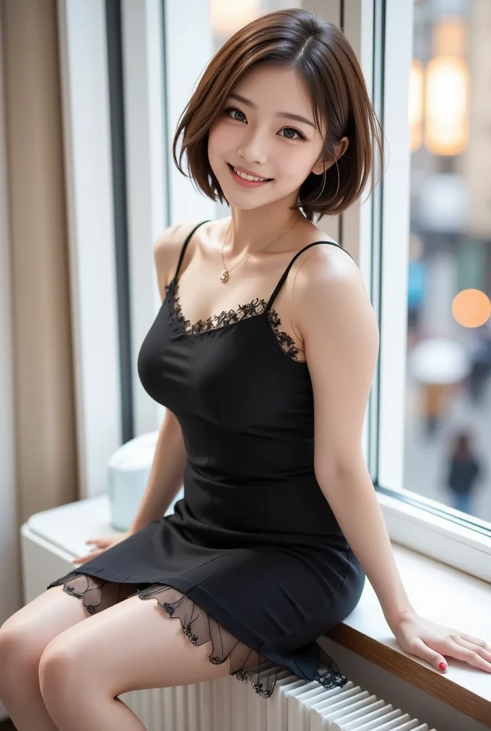 (8k, top quality, masterpiece: 1.2), (realistic, photorealistic: 1.37), super detailed, Japan person, 1 girl, black hair, cute, nice, adorable, beautiful detailed sky, detailed café, night, sitting, date, (blush), (smile: 1.15), (closed) big, big breasts, beautiful fine eyes, business wear, white lace, (short hair: 1.2), floating hair NovaFrogStyle,