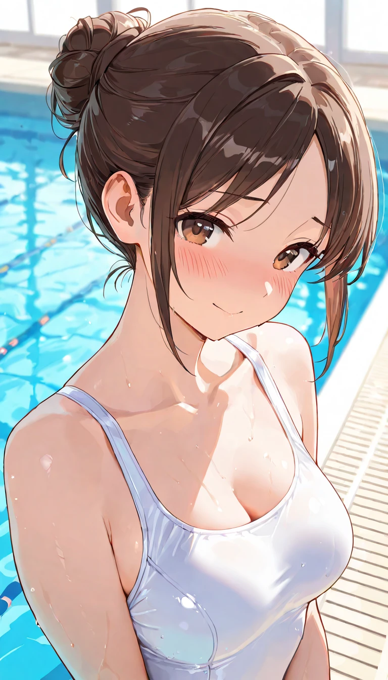 ((Sportswear、Highest quality、Masterpiece、High resolution))、(((Zoom photo from above、semen、Bukkake、Wet body、Wet Hair)))、(smile、blush)、Big Breasts、Cleavage、Inside the gym、Brown Hair