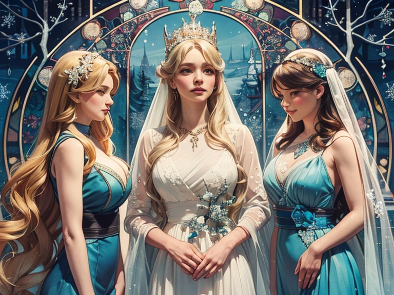 (​masterpiece, best quality:1.5), highest quality, High resolution, super detailed, Realists, Upper body photo of a blonde sorceress, detailed and beautiful eyes, beautiful detailed lips, very detailed eyes and face, longeyelashes, shiny satin dress, Holding a magic wand in your hand and performing a transformation spell, Magic wands present and shining,  Beautiful and colorful makeup, elegant and noble々The jewelry bag, Gardens as background, soft daylight, bright colors, fine brushstrokes, Portrait style, Silk dress fabric, beautiful color palette, glowing skin, First-class rendering, that captures every detail, enchanting atmosphere, subtle shadows and lights, (perfect anatomy:1.2), (The two stunning sorceresses transform flowers into jewelry with their magic wands (a transformation):1.4), (magnificent panorama view:1.2)