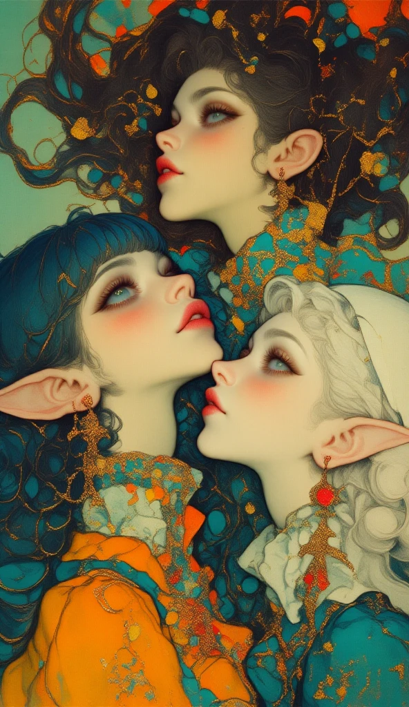 closeup shot of two slutty RoYal Vampire with fangs and petite bodies, Exchanging saliva, small breasts, tattoos and piercings. Sensual Pose, Squatting, Pierced , garter straps. Gold Circlet Crown. Gold Jewelry. Moaning. Masturbating. Green Hair. Chains. Handcuffs. Lesbian Sex. Kissing. .