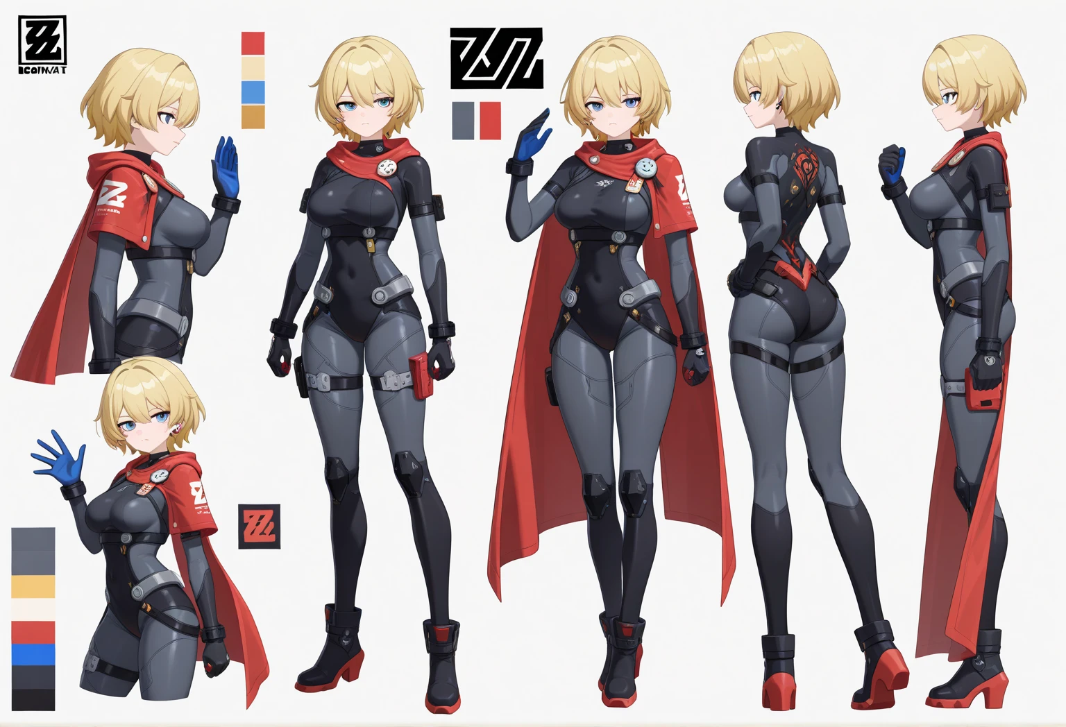 ((masterpiece)), ((best quality)), ((high res)), (dynamic villain pose), (solo, solo focus), standing, italian, (blonde hair, brown eyes), ((beautiful detailed eyes)), (a woman in a yellow and red costume and red cape), (leotard, bare legs), (roman helmet with futuristic visor, matching armored boots), (perfect hands, perfect anatomy), full body costume design. Solo, Solo focus, Simple background, Multiple Views, Character Sheet Full-Length.