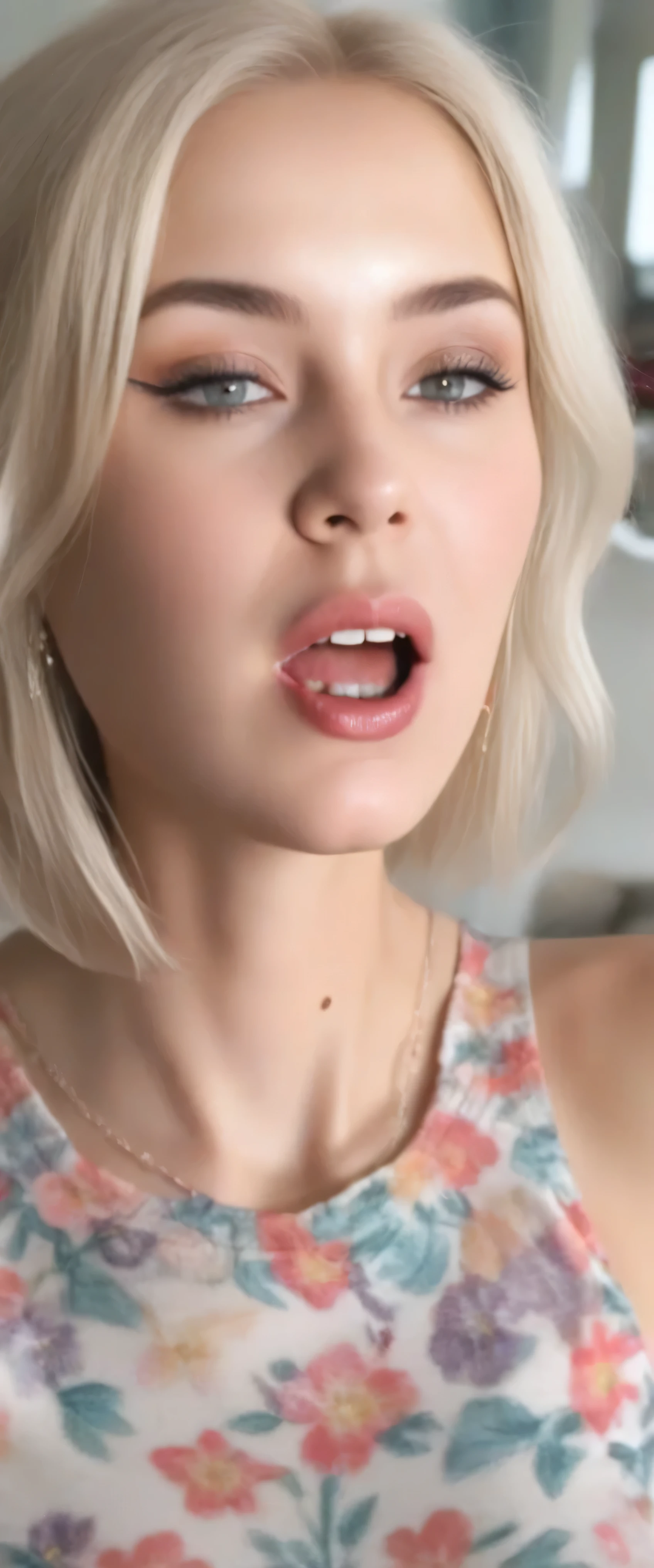 arafed woman with a big breast showing off her big boo, mouth open, with mouth open, closeup. mouth open, neck zoomed in from lips down, open mouth and big teeth, opened mouth, with wide open mouth, mouth slightly open, tongue out, mouth half open, open mouth, huge white teeth, she has perfect white teeths