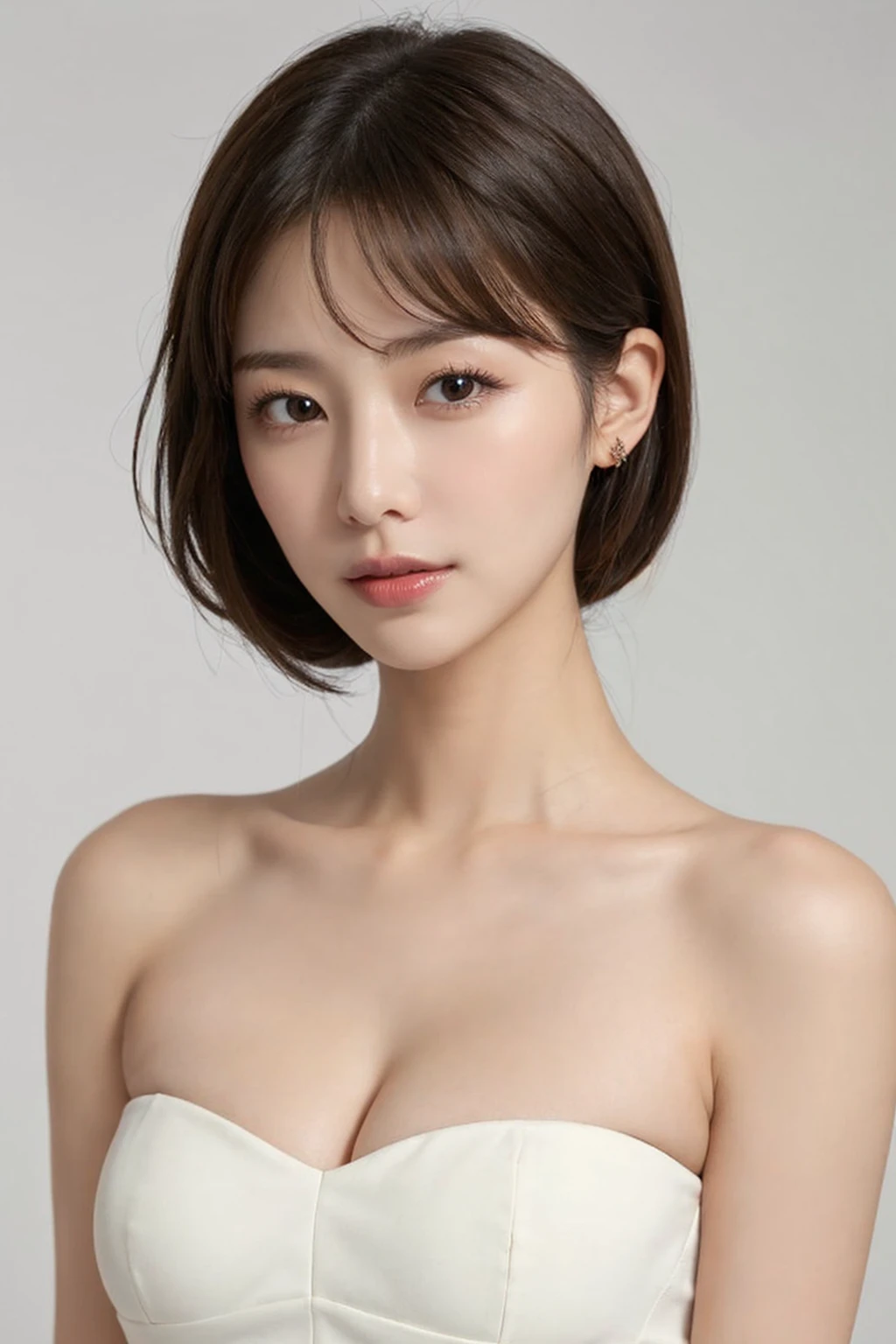 ((Best Quality, 8K, Masterpiece: 1.3)), Sharp: 1.2, Cute: 1.4, Japan person, 18 years old, Slim, Layered Haircut, ((Small breasts: 1.3)), (Off-shoulder knit), Cleavage Cutout, From above, Shy, (Close-up Portrait: 1.2), Braless, Street, Highly Detailed Face and Skin Texture, Detailed eyes, double eyelids, pureerosfaceace_v1, smile, transparent underwear, ultra-fine makeup, ultra-fine clothing material