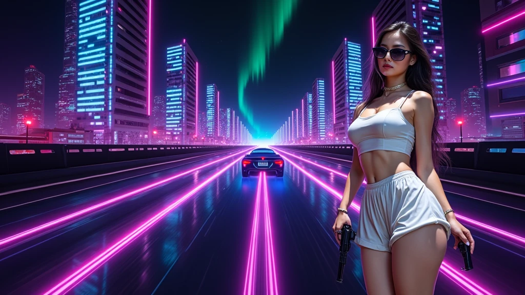 (Wide angle aerial view). At night, simple outlined cyberpunk city, flying cars, all-glass buildings, glowing giant clock tower, lightning, line art background. High-resolution OLED GUI interfaces in the building, The windows are filled with transparent data visualization infographics that show it all, very close-up green glowing cascading code. Colors are saturated and vibrant. At night, (1girl, solo, alone), photorealistic, large-breast slim:0.6 body, oval:0.5 face, black mini bra, cleavage:1.1, deep-v, very low angle view of black pleated miniskirt, white panty, (upskirt), glove, (Matrix style black micro sunglasses), (aiming viewer with a short gun), dynamic running pose, (half-body thigh level close-up shot), cinematic lighting, ray tracing, motion blur background.
