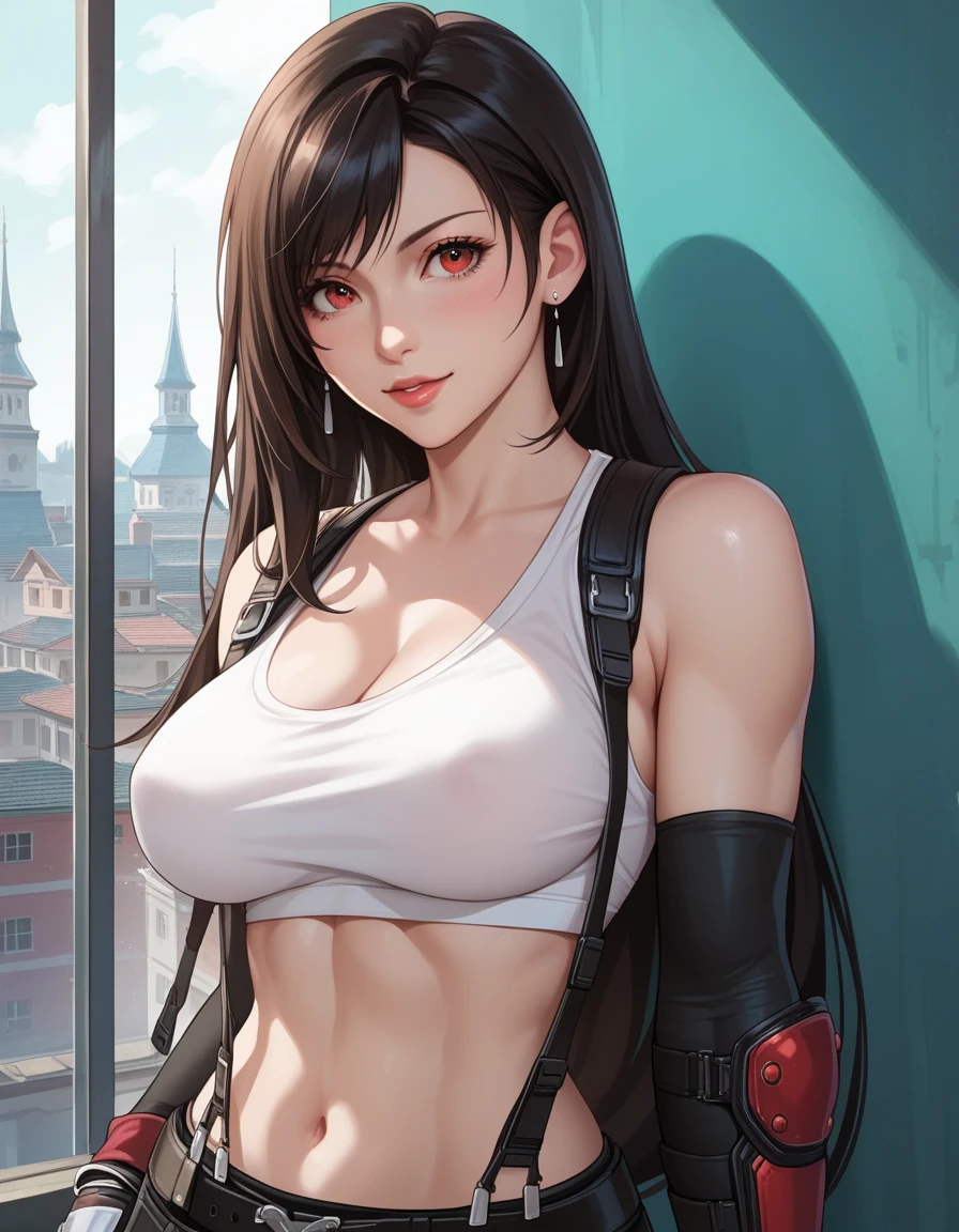 (masterpiece, best quality:1.2), 1girl, solo, Grace Howard, Grace Howard from Zenless Zone Zero, bare shoulders, black choker, black gloves, white gloves, black pants, black sports bra, elbow gloves, goggles on head, looking at viewer, low ponytail, medium breasts, midriff, navel, parted lips, white gloves, zipper, belt