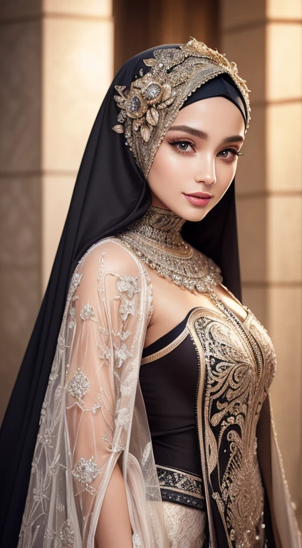 Best quality, Realistic, Photorealistic, extremely detailed, An extremely delicate and beautiful, RAW photo, 4K, 8K, Professional lighting, Dynamic lighting, light in face, Depth of field, solo focus, full body, flawless beauties,A 20-year-old female, Brown eyes, Smaller head, Fashion girl, Beautiful eyes, Large breasts, Real face, Real skin, Realistic face, Realistic skin, Detailed eyes, Detailed facial features, detailed hijab, detailed clothes feature, (fashionable attire:1.3), (intricate fashion hijab: 1.3) dynamic poses,Detailed face, pretty smile, cowboy shot