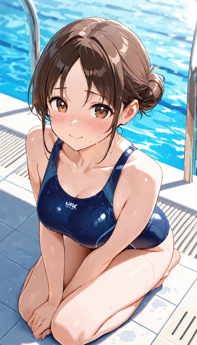 Put on swimming goggles、swimming in the pool、Swimming the crawl、A shot from inside the pool、masterpiece, Highest quality, Very detailed, ,The finer details, Anime Style, One Girl, 22 years old, Cute Face、bangs, Large Breasts、Tight waist、((swim cap)), ((swimming race suit))、sleeveless, High leg、Dynamic Angle、Beautiful Eyes、dark brown hair, light brown eyes、Serious expression、 stand on the diving board、Diving start position、Shallow depth of field