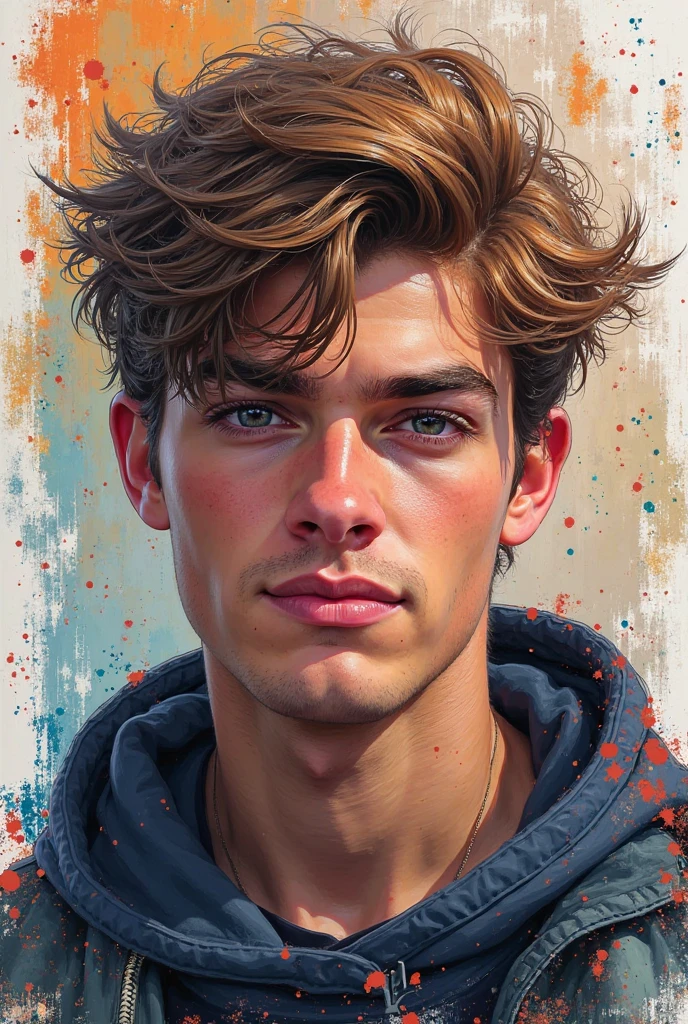 "Create a captivating and highly detailed close-up portrait of a passionate artist. The man should exude an aura of artistic enthusiasm and creativity. His face should be adorned with vibrant and expressive paint strokes, almost like a living canvas, showcasing his devotion to his craft. His eyes should twinkle with the sheer joy of artistic expression, and his smile should be genuine and infectious.
The artist should wear a well-worn artist's smock, adorned with a rich tapestry of colorful splatters, each telling a story of his artistic journey. The fabric should be expertly rendered, capturing the texture and vibrancy of the paint.
In one of the artist's hands, he should hold a pencil with a relaxed yet purposeful grip. The pencil should be finely detailed, with every subtle facet of its design carefully portrayed, from the wood grain of the shaft to the graphite core.
In his other hand, the artist should cradle a wooden paintboard. The paintboard should be a masterpiece in itself, covered in a captivating array of paints. Each color should be vivid and inviting, with brushstrokes that convey emotion and energy. The composition on the paintboard should be both abstract and representational, reflecting the artist's versatile talent.
The lighting should be expertly managed to emphasize the contours of the artist's face, the texture of the paint, and the rich colors on the paintboard. The overall composition should encapsulate the essence of artistic inspiration and passion, offering viewers an intimate glimpse into the creative process.
Please ensure that the final image is rich in detail, texture, and emotion, capturing the soul of an artist deeply immersed in his craft, and free from any glitches or unintended artifacts."