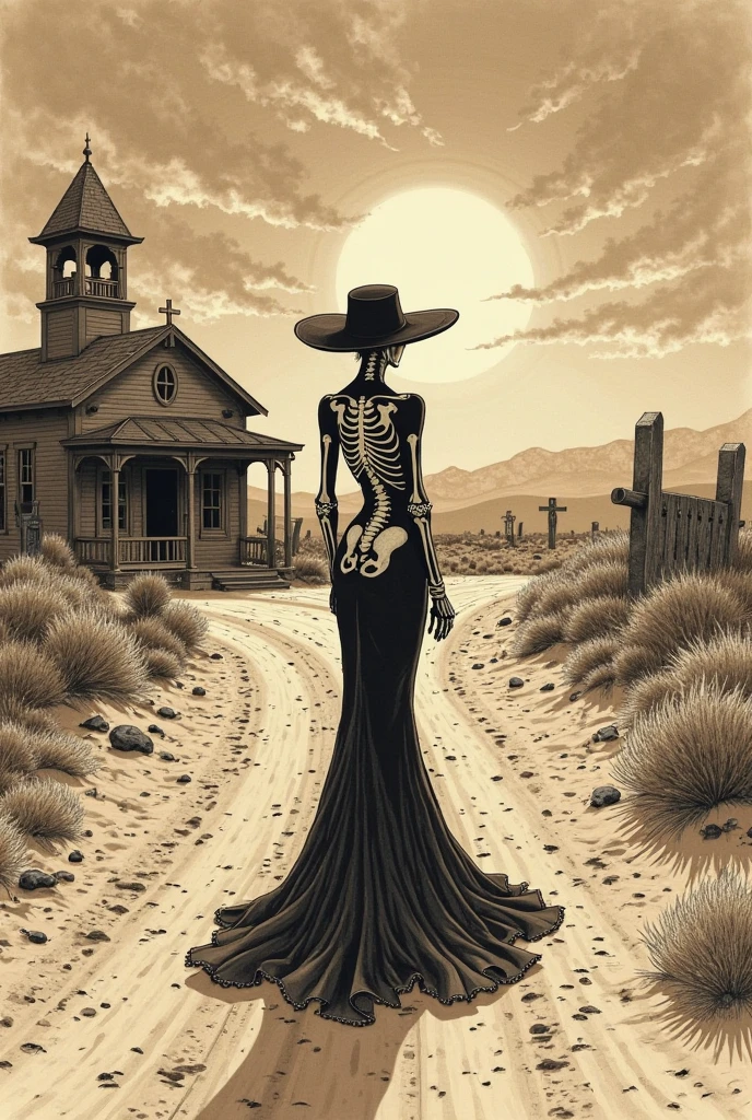 (Black and white doodle style cartoon) Holy Death, goddess of death, mexican skull face, deep eyes, two worlds, dark wavy hair, holding flag of Pernambuco Brazil, leather pants, shirt and boots, Lampião&#39;s leather hat, scene with several skulls and ox skulls, cacto. Female empowerment, Holy, ride, be careful with your hand, high qualiy, detaileds, dark, 