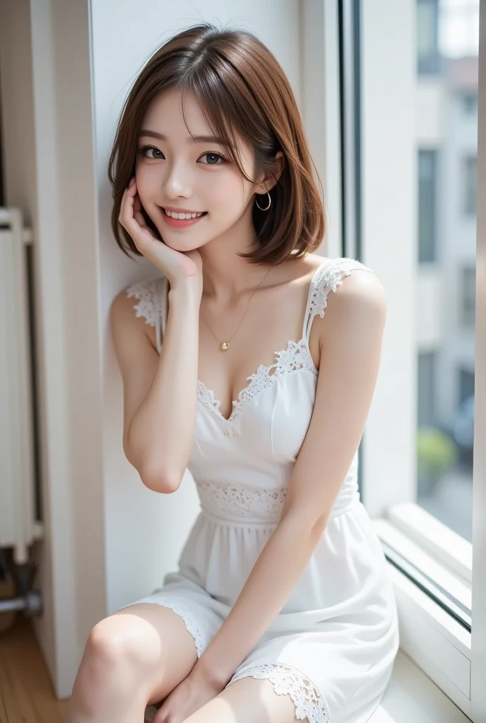 8K, Ultra-high resolution, Highest quality, masterpiece, 三分割法によるphotograph,Surreal, photograph, 1 Girl, (16 years old:1.3), pretty girl, Cute face, Beautiful eyes in every detail, 細かくdetailedに,masterpiece,, One Girl:1.2, Japan Female Announcer,whole body, 1 Girl, Blurred Background, Slender figure,Taisho Romance,Yeskara-san passes,Beautiful leg line beauty,Captivating thighs,A carefree smile,Heal the heart,Black Hair,Braid,Looking at the audience、beauty,Long neck、Laugh a little、Please close your mouth and laugh、(((Ideal body type))),A cup small breasts :2,、Portraiture:2、Perfect Anatomy、鮮明なdetailed、detailed、Surreal、Light and shadow,Strong light