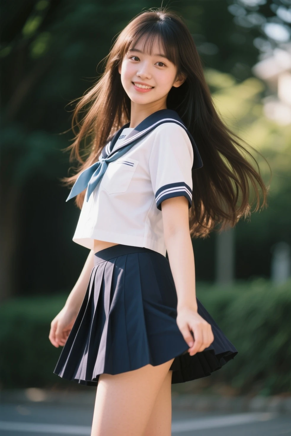 1girl,(((Frontal bust shot angle))),Wide open chest、(((A shopping street lit up by neon lights at night、City of night)))、(((Moonlight at night)))、8k UHD、Digital single-lens reflex camera、High resolution、Shallow depth of field、Natural light、(((Sailor suit)))、(((navy blue super mini skirt)))、(((Full body photography)) )、Small person、(((Young face)))、1 Japanese female、;beautiful girl、(Black Hair)、A strong wind blows up my skirt、(((Brown eyes)))、Glowing Skin、Smooth Thinning Hair、Long Hair、Detailed background、Detailed eyes and face、Clear Eyes、Cute smile、Calm atmosphere、(((stage)))、(((Small breasts)))、(((Beautiful Eyes)))、Flat chest、Children、(((ighs))) 、(((Angle from below) ))、(((Fine lips)))、(((Skirt fluttering)))、Shining beautiful legs、( Skirt fluttering violently in the strong wind :1.4),   (hair blowing in the strong wind:1.4), (leaning forward)、(((barefoot、barefoot)))