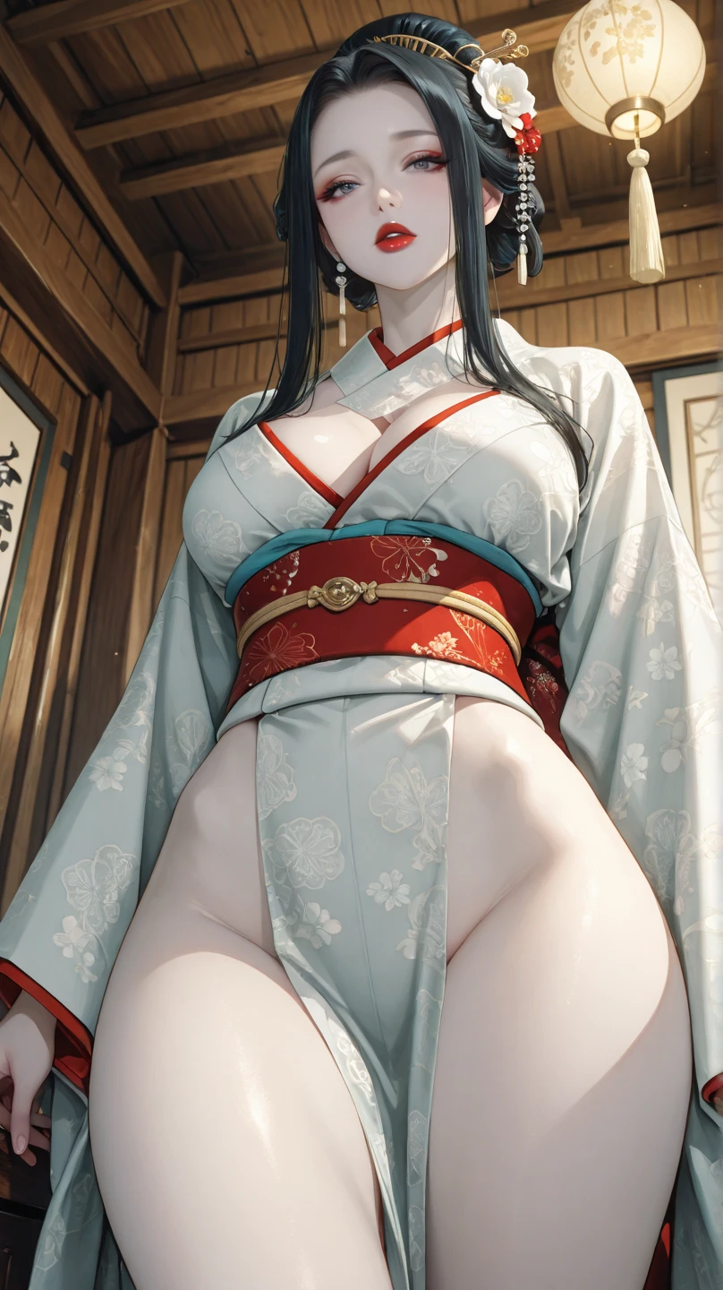 50-year-old woman wearing pure white kimono、japanese mature、aunty、Colossal tits、Big buttocks、very plump figure、Dazzling、ornate、A sexy、modeled、Wrinkles around the eyes、Top image quality、top-quality、