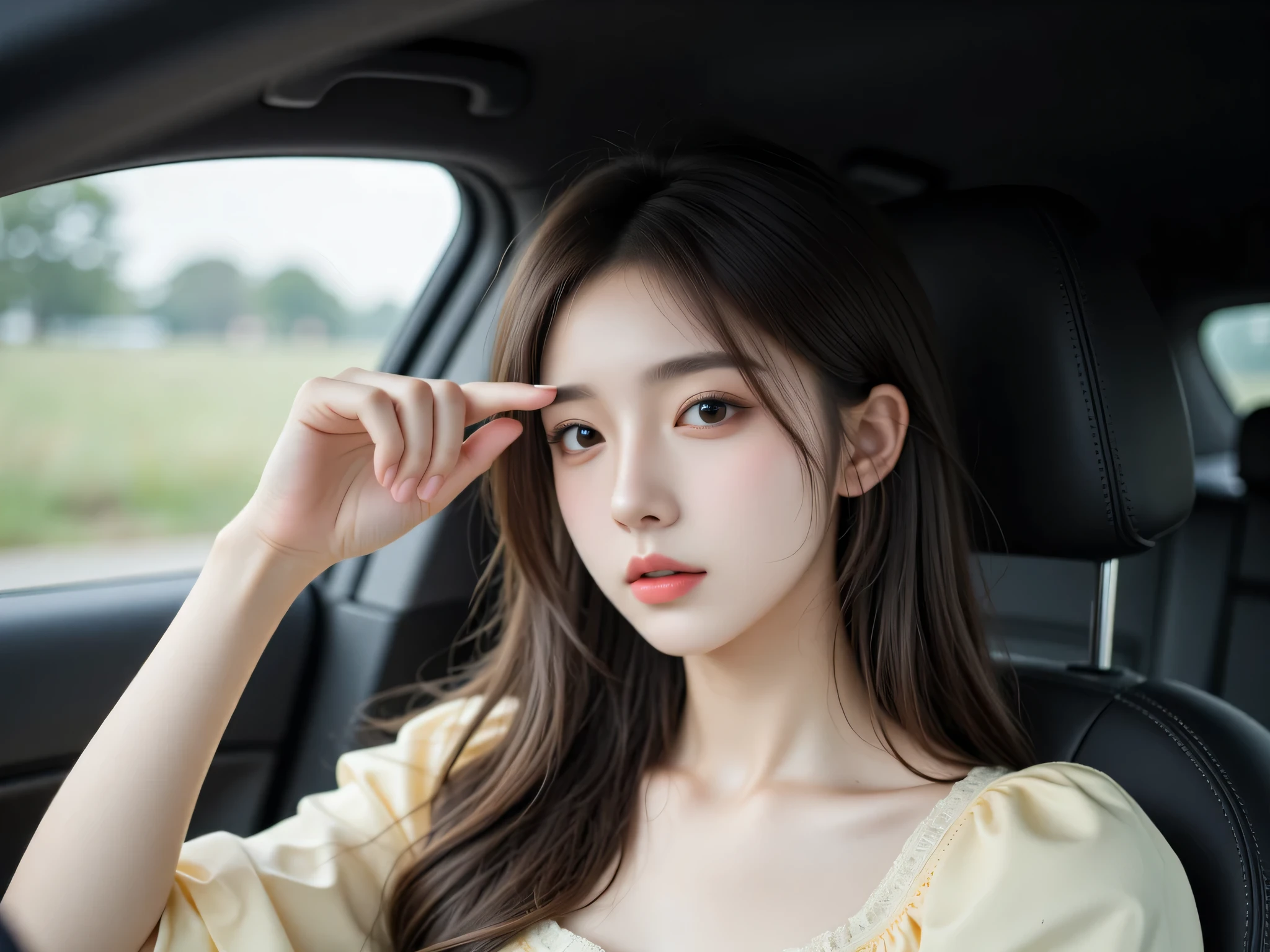 beautiful girl, Very beautiful, เด็กสาวOne person, Sigh, sitting upright, Kulstree , , bend your face down, Do a coughing fit, Left hand raised, fist raised, straight mouth, , closes its eyes,, student, One person, หน้าIt's shiny.,pretty as fairies, messy hair , The car is running at high speed, The car is cornering, girl, brown hair, long hair, Long wavy hair, Little hair curl, ผิวVery white, Very white, beautiful, Vintage Historic Gowns costume, Mademoiselle Rose, british costume, Wearing a Yellow Dress, images, very detailed, high quality walkers, แสงเงาimages, It's shiny., Japanese style,, japanese, white,flux realistic, full body image, ภาพimages, ตัวละคนผิวimages, thin, images, seated on the left back seat, 4Luxury car interior, car interior camera, Masterpiece,movies,8K resolution, clear details, front view, โฟกัสหน้าbeautiful girl