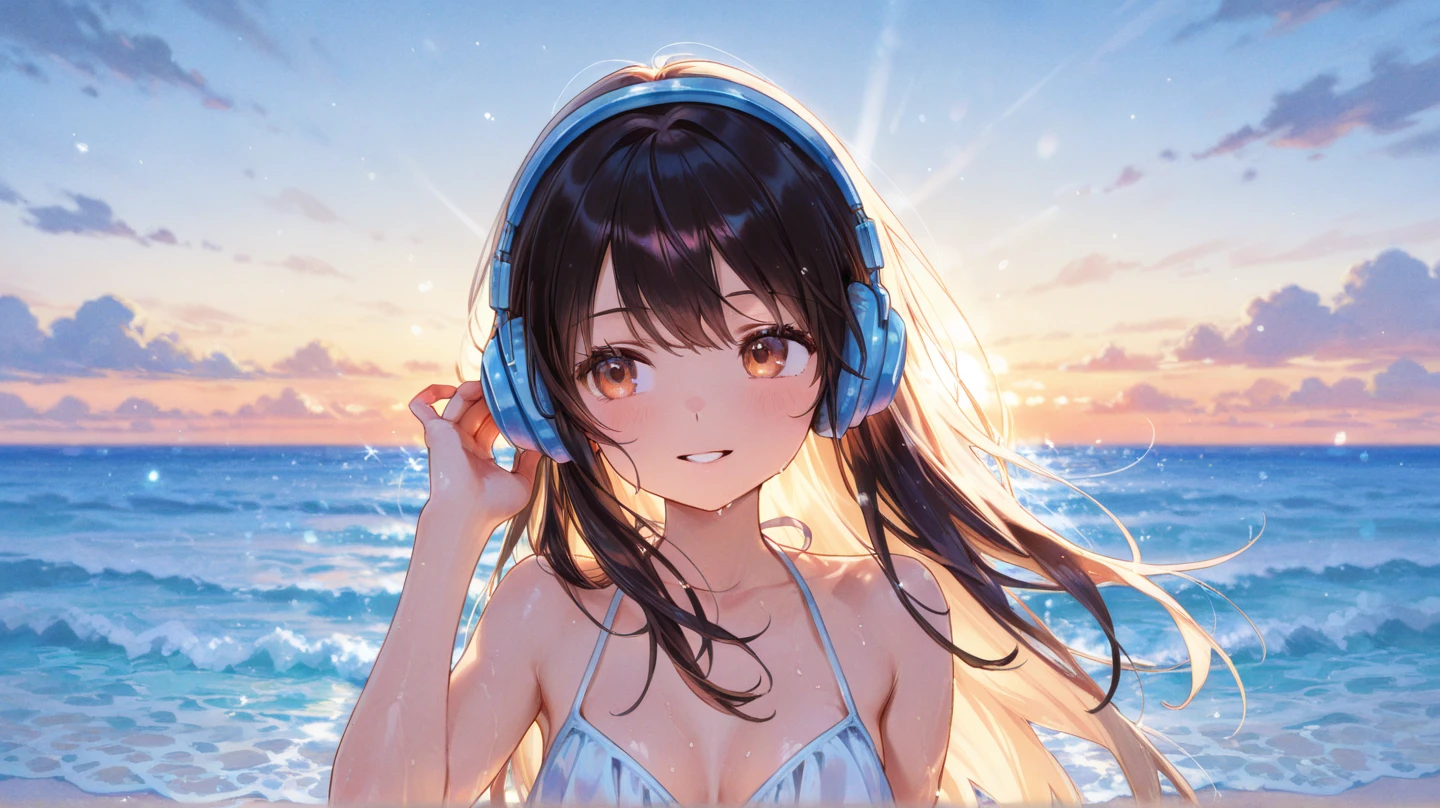 (masterpiece, high quality, high res), Nakano Miku (quintessential quintuplets), brown hair, bangs, headphones, running on beach, laughing, natural beauty, beach coast background, full body, revealing bikini, gorgeous frminine body, mature look, anime version, extremely detailed, UHD, 4k, 8k, award-winning, sharp focus, anime version, detailed face