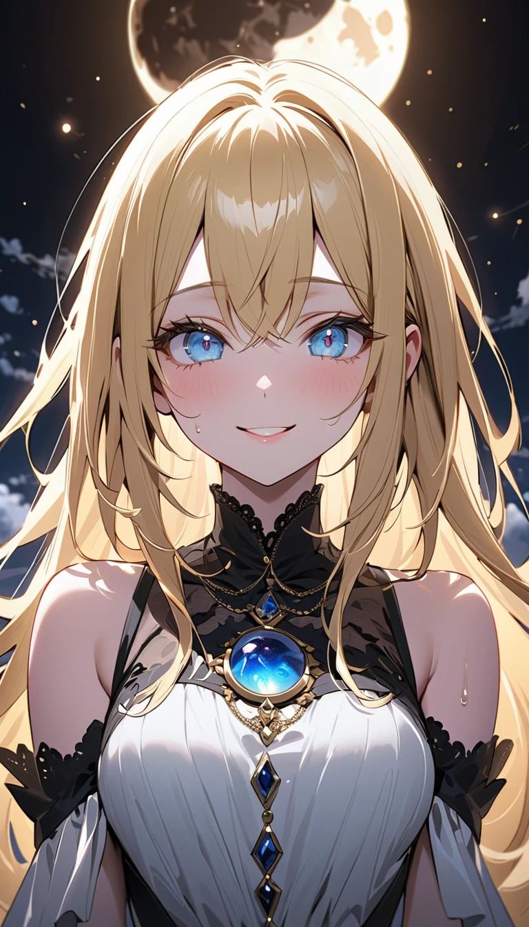 best quality Hair blonde moon night anime face blue eyes God fantasy