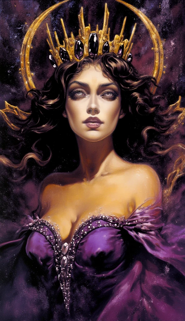 Background: a realm where galaxies collide and celestial clouds swirl. A glow from a thousand cosmic furnaces.
Foreground: a beautiful woman, divine, regal, celestial in appearance. She has long, flowing, dark hair, wide eyes, wearing a long sheer gown cut low in the front, revealing ample cleavage, and cut up the side to her hip. Add bright, contrasting swirls of yellow, red, purple and green.