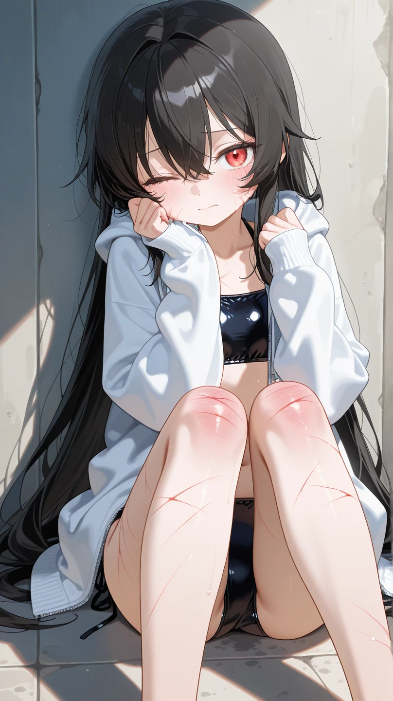 (muste piece), (best quality), (score_9, score_8_up, score_7_up), very detailed eyes, expressive eyes, perfect face, very detailed face, highly detailed face, beautiful girl, 8K, beautiful girl, white background, delicate and beautiful face and eyes, dark intense shadow, 1 girl, vtuber style, cool girl, vtuber, Nijisanji, Makaino Ririmu, streaked hair, low twintails, bare shoulders, sexy swimsuit, small chest, soft chest, cleavage, clavicle, cameltoe, bare arms, off the shoulders, smile, wet hair, wet body, body visible through clothes, chest visible through clothes, ass visible through thighs,(full body), barefoot, naked thighs, sitting, indian style, open legs wide, from below, pov crotch,