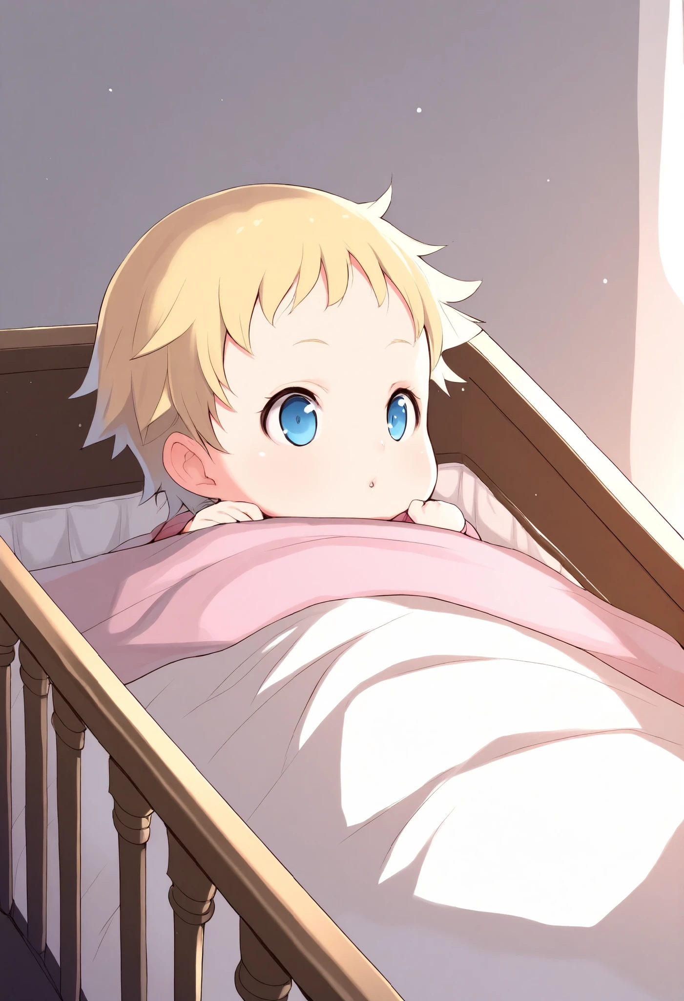 masterpiece , best quality , 1girl , solo , blonde hair , blue eyes , Baby, Symmetrical Eyes, crib,