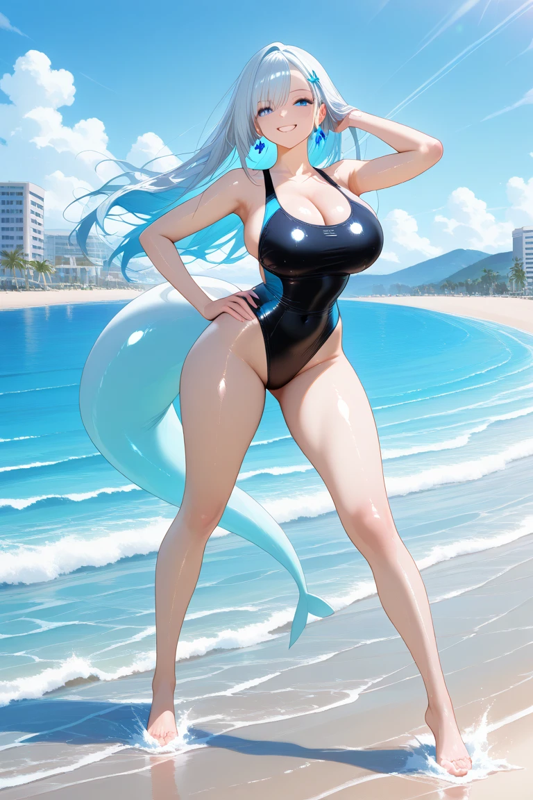 pov ,,(((gigantic breasts))), ((((leaning forward)))) ,clothed, swimsuit , Seductive Anime Girl, (((((competition swimsuit))))) , ((((double peace)))),, evil grin, tongue out