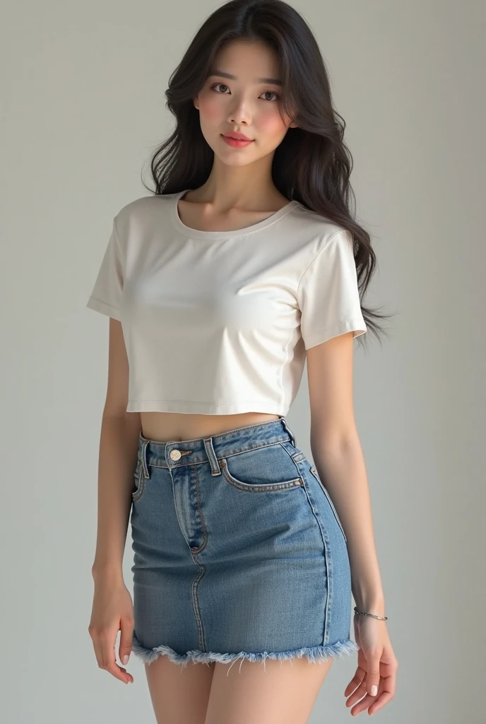 Girl posing for photo in white bra and black skinny denim, full body portrait, cropped t-shirt, bra and streetwear, slim figure, smaller bust, slim girl model, 24 year old female model, white high heels, standing posture,