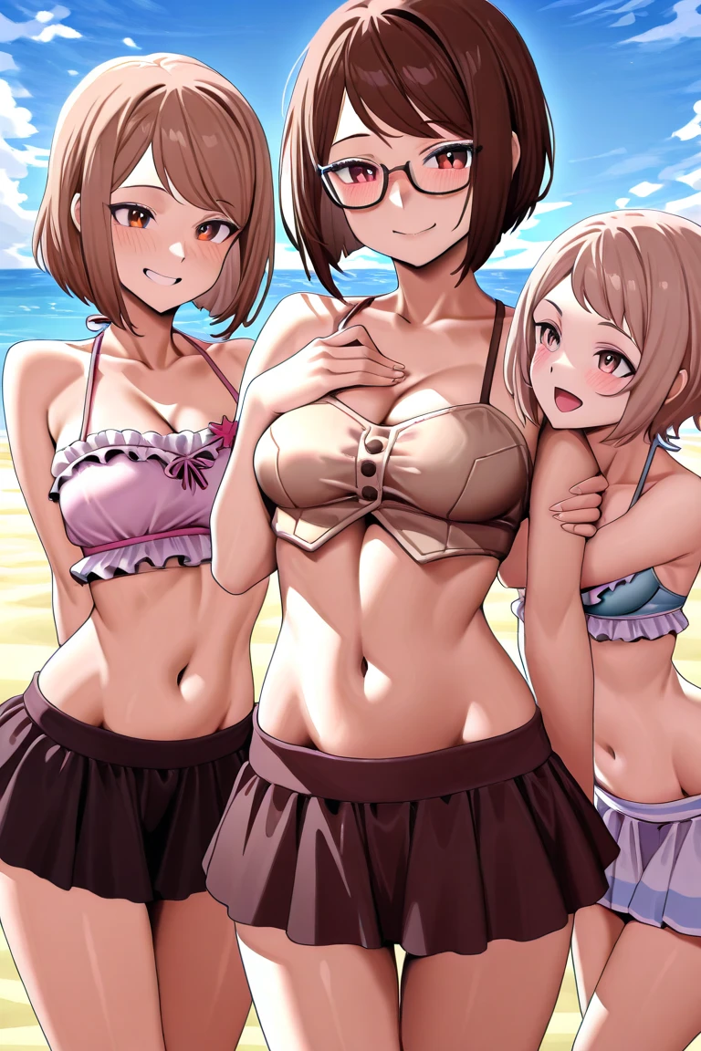 ((Brown hair)),((Braided shorthair)),(With bangs),Slight red tide,(Fluffy long sleeve cardigan clothes with lots of frills)),(Black overall, Purple and red),((Colorful, cute and bold underwear)),((micro mini underwear)),(Striped pattern),(The chest is boldly opened),(fairy tale cute platform sneakers),((Colorful and pop world view)),(((Body shape is slender))),((Cute pose like a model)),(Kamime Heath Smile),(Slightly open mouth),(close up of face),NSFW,(Navel Bow Style),((Ultra-thin shorts)),(room style)