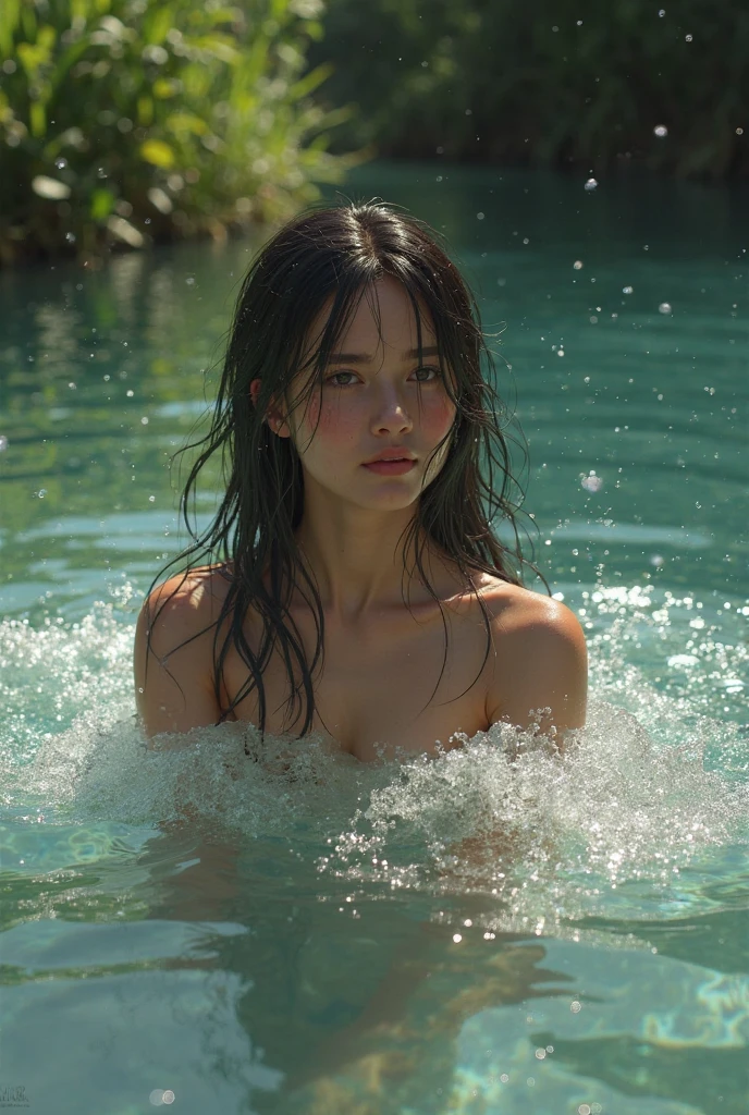 1girl, female water spirit, water-colored hair, spring water inside, a few drops of water on the skin, Death scene, ((close your eyes)), natural lips color, Drowned on the water scene, perfect small breast, wearing a soldier suit.