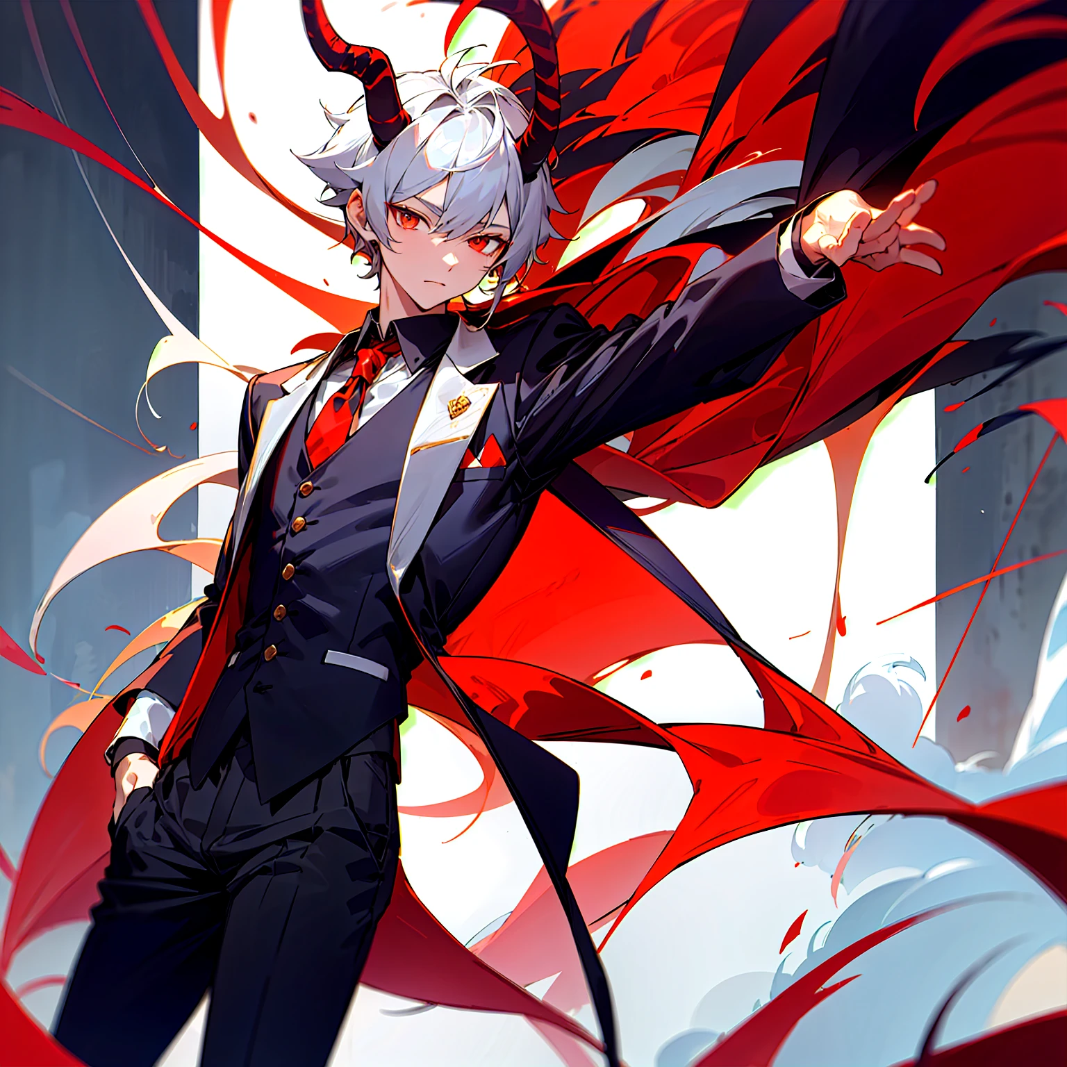 Male demon, black and red suit, demon wings, angel wing