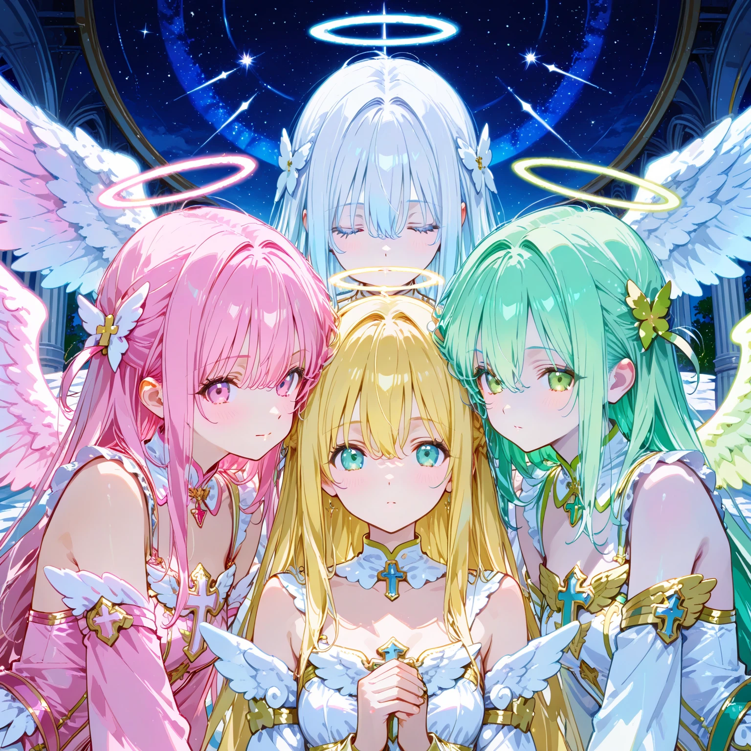 Anime Woman,Sister model,beautiful,elegant,Let your hair down to the floor with pink hair.,Purple-pink eyes in hexagonal star shape,White dress with floor-length skirt,Wear a long-sleeved gold dress,White and gold dress,Wear a gold star necklace,wearing gold shoes,Wearing a golden crown with purple diamonds,Wearing luxurious clothes,Has luxurious white wings,Goddess figure holding a golden scepter,With a background of bright stars,Sitting on the throne