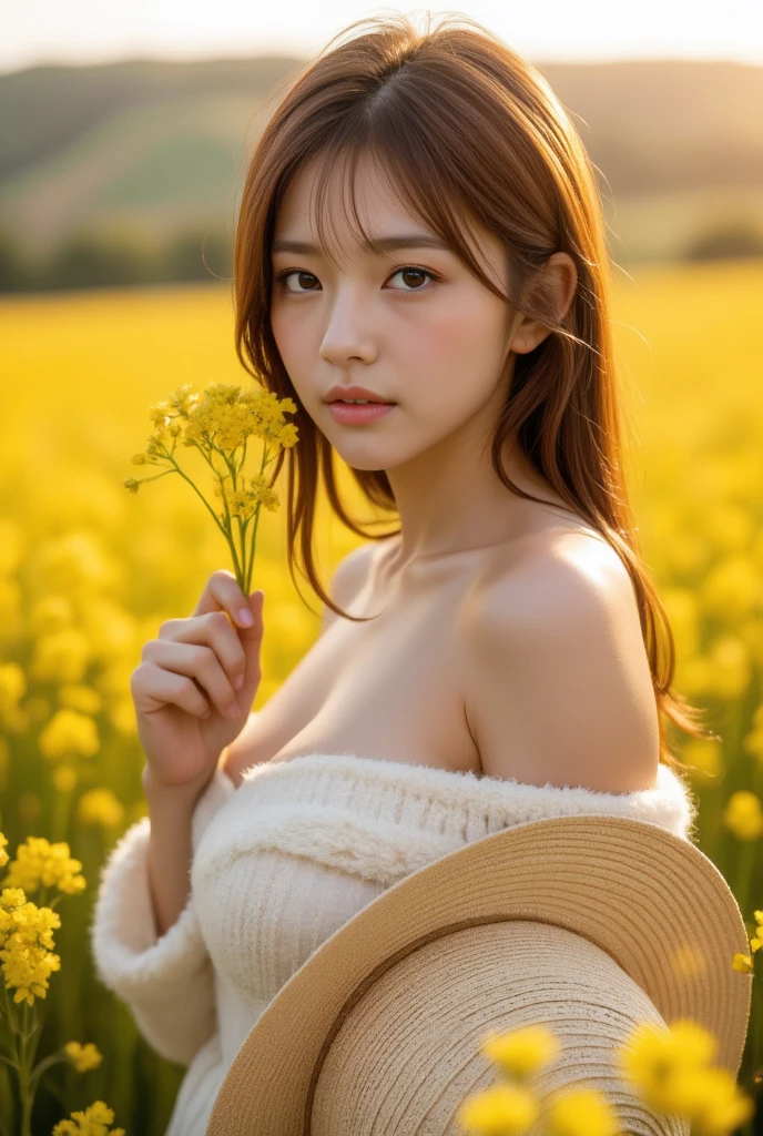 Close-up photo of a very beautiful Korean woman, Bust size 34 inches, ( Naked, perky breasts, bare breasts, nipples. (((round chest))) hat, walking in the field, sunset light, cinematic scene, UHD