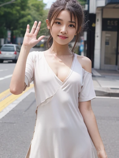 ((top-quality、8K、​masterpiece:1.3))、Beautiful woman with perfect body shape:1.4、(Brown Long Hair、small tits:1.3)、Casual wear、In the street、Highly detailed facial and skin texture、A detailed eye、double eyelid、A smile:1.5、full body Esbian、student clothes、japanese sailor suits、skirt by the